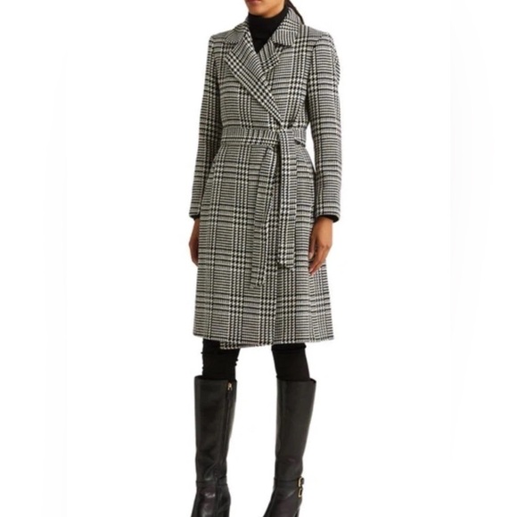 Lauren Ralph Lauren Glen Plaid Wool-Blend Wrap Belted Coat Black/White Sz 6 NWT - Picture 1 of 12